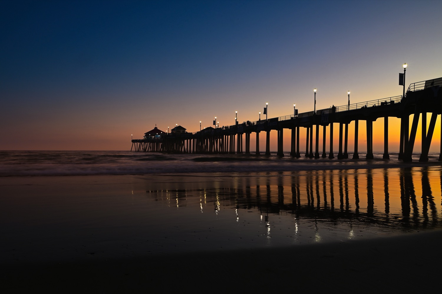 Huntington Beach Pier at sunset on the Orange County coast